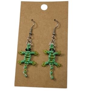 Handmade Green Beaded Lizard Earrings -Hypoallergenic